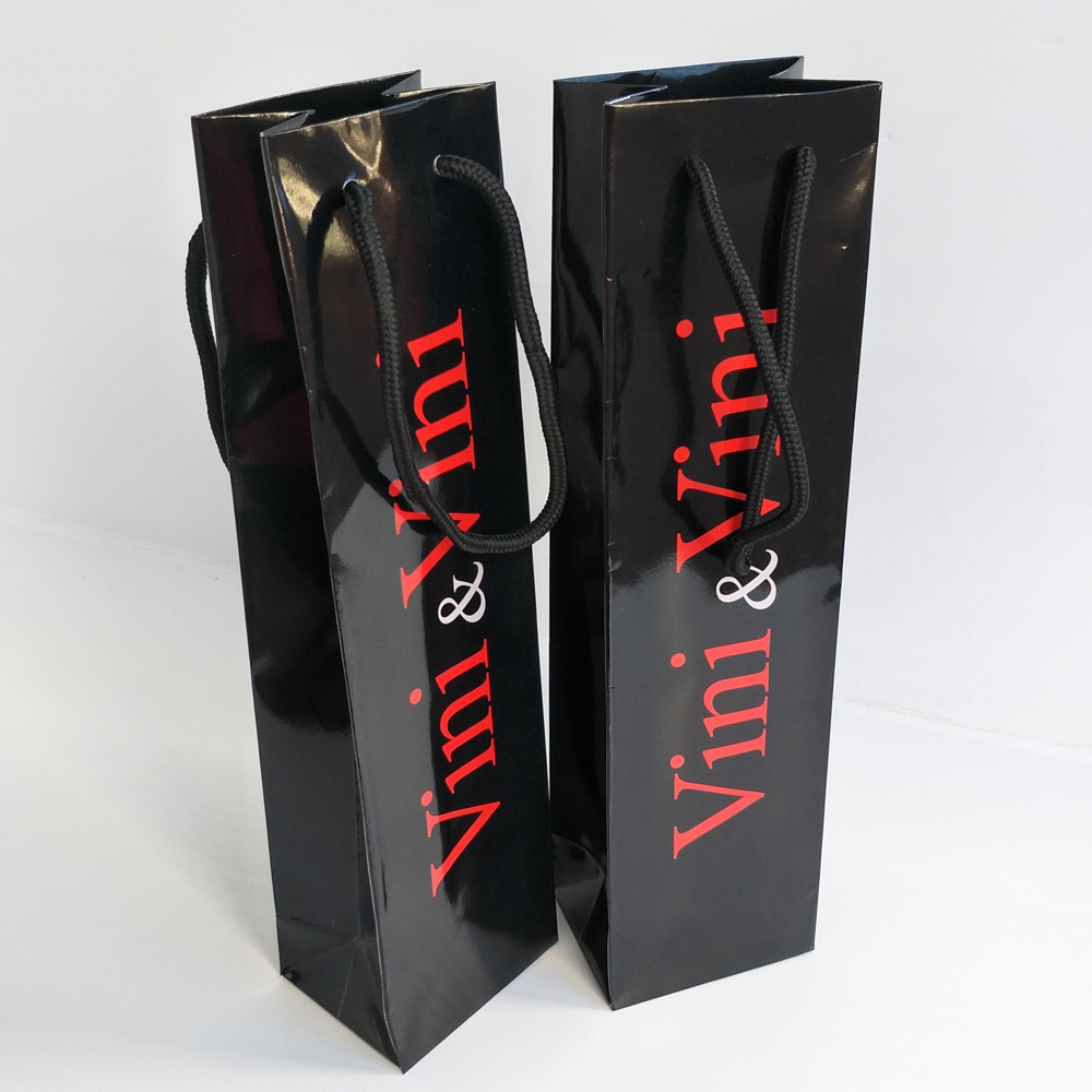 Custom Printed Black Glossy Single Bottle Wine Paper Gift Bag