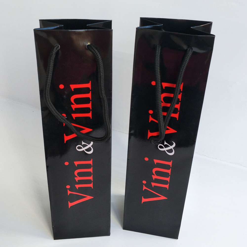 Custom Printed Black Glossy Single Bottle Wine Paper Gift Bag