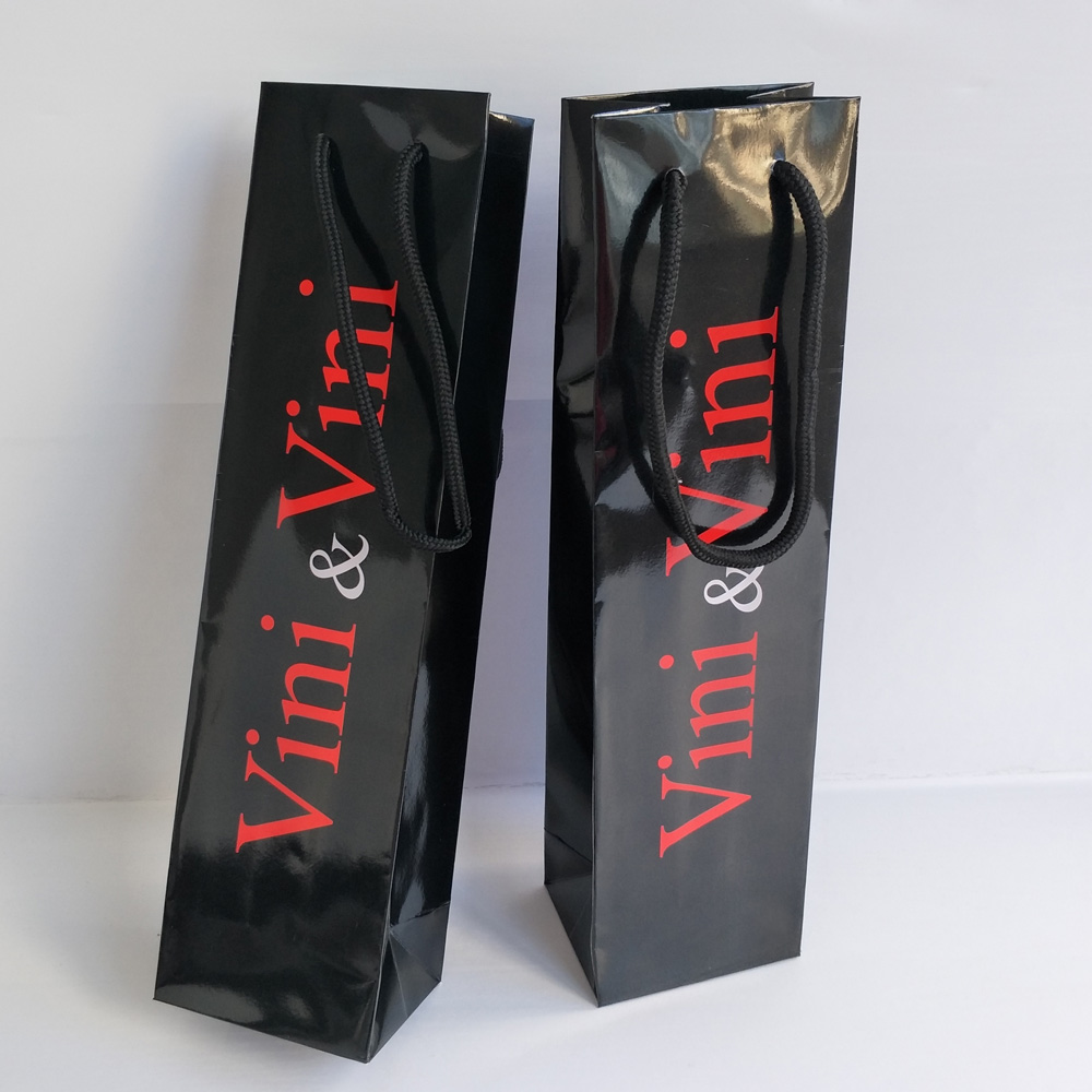 Custom Printed Black Glossy Single Bottle Wine Paper Gift Bag