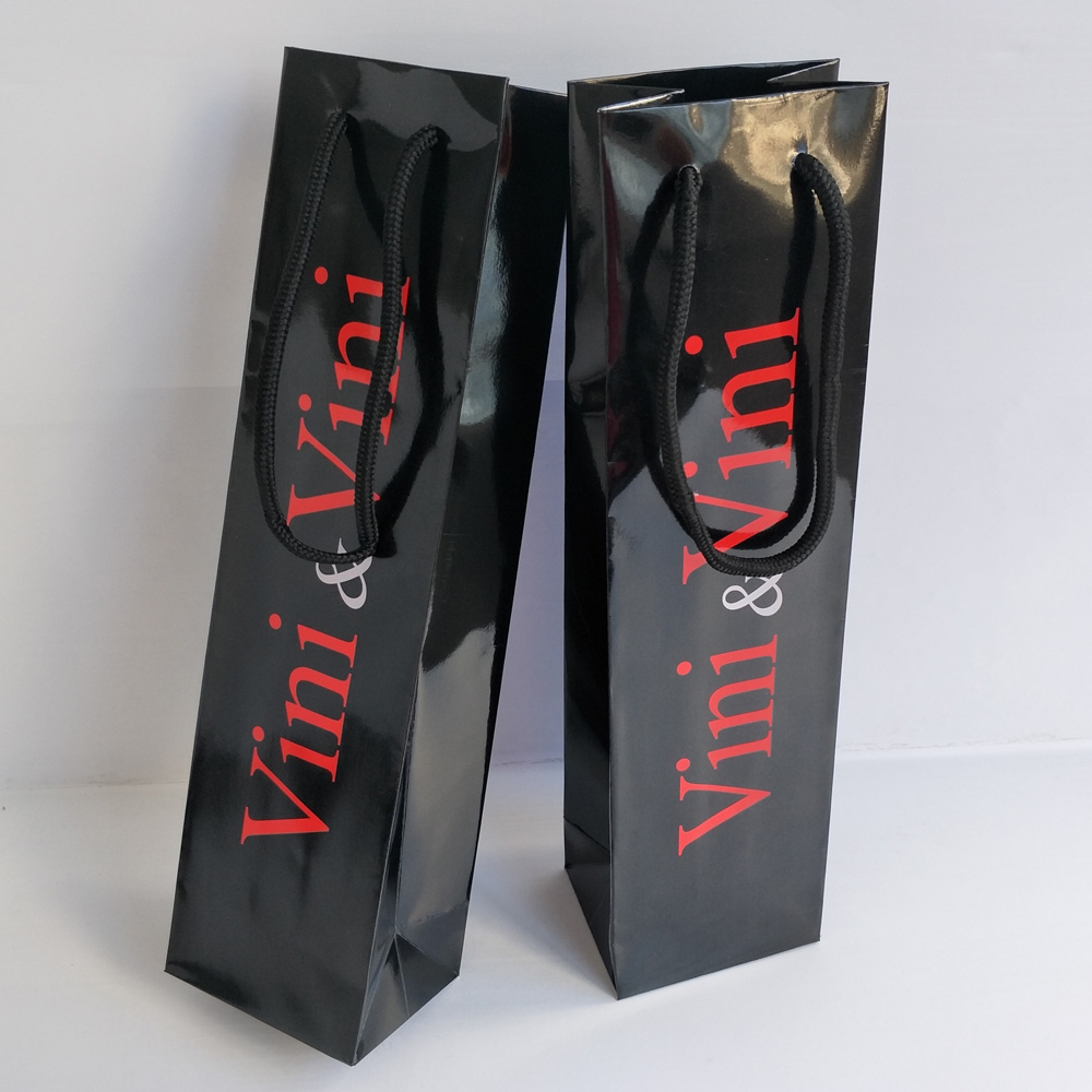 Custom Printed Black Glossy Single Bottle Wine Paper Gift Bag