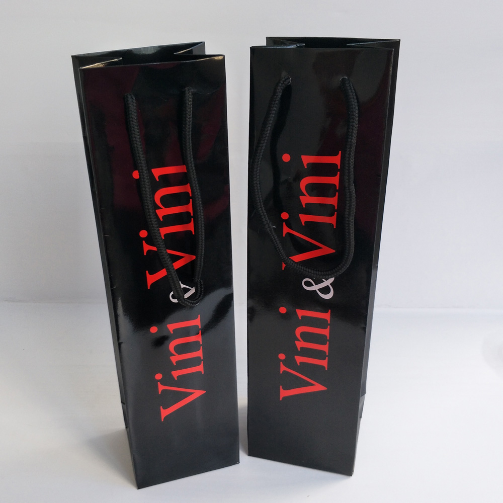 Custom Printed Black Glossy Single Bottle Wine Paper Gift Bag