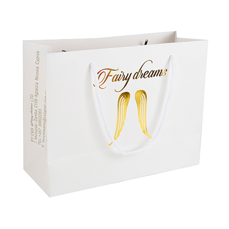 Custom White Paper Gift Bag with Gold Foil Angel Wings & Cursive Logo