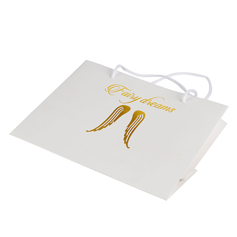 Custom White Paper Gift Bag with Gold Foil Angel Wings & Cursive Logo