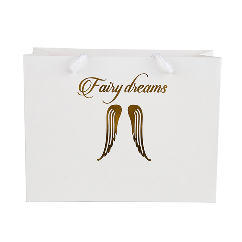 Custom White Paper Gift Bag with Gold Foil Angel Wings & Cursive Logo