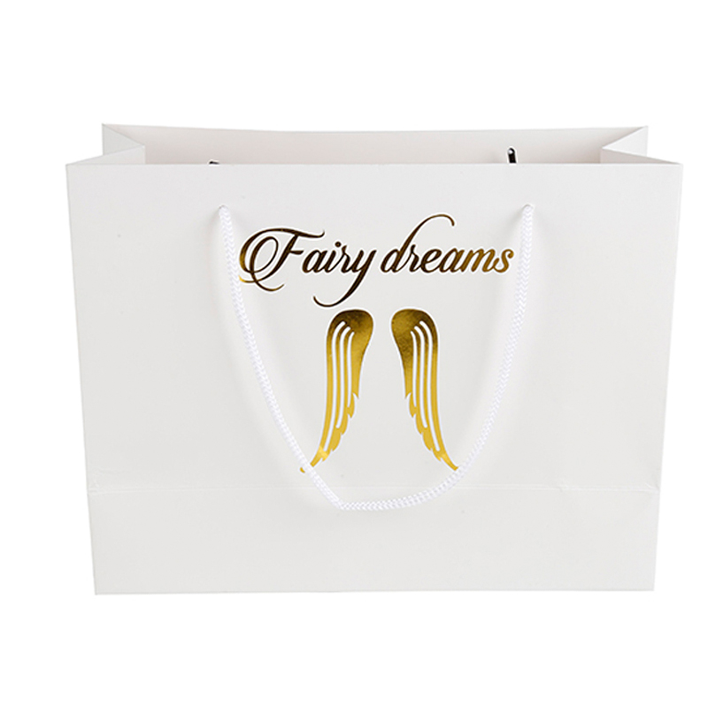 Custom White Paper Gift Bag with Gold Foil Angel Wings & Cursive Logo