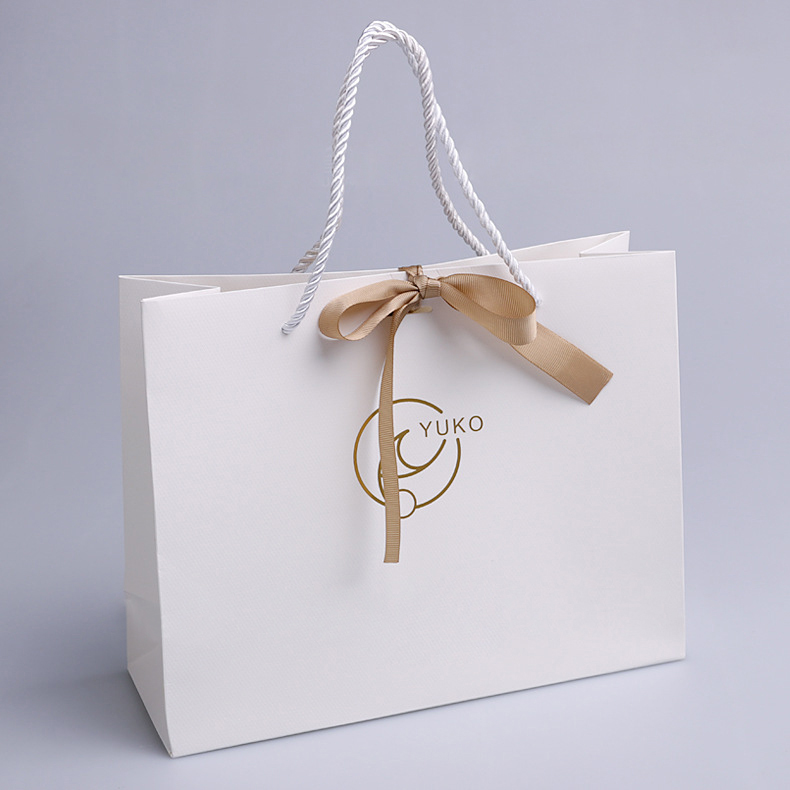 Custom White Gold Foil Logo Paper Gift Bag With Satin Bow Ribbon