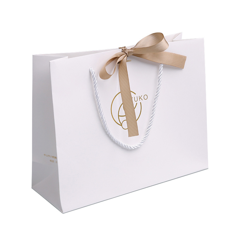 Custom White Gold Foil Logo Paper Gift Bag With Satin Bow Ribbon