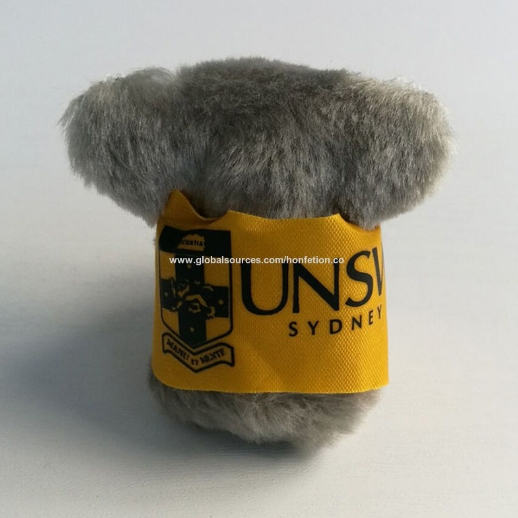 Custom University Logo Grey Plush Koala Clip Doll With Printed Yellow Tee