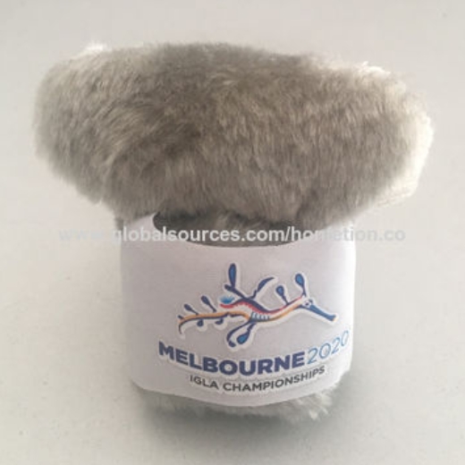 Custom University Logo Grey Plush Koala Clip Doll With Printed Yellow Tee