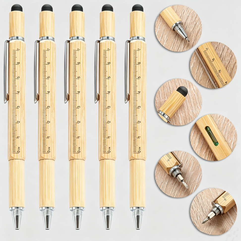 Custom Logo Bamboo Multi-Tool Pen with Spirit Level, Ruler & Screwdriver