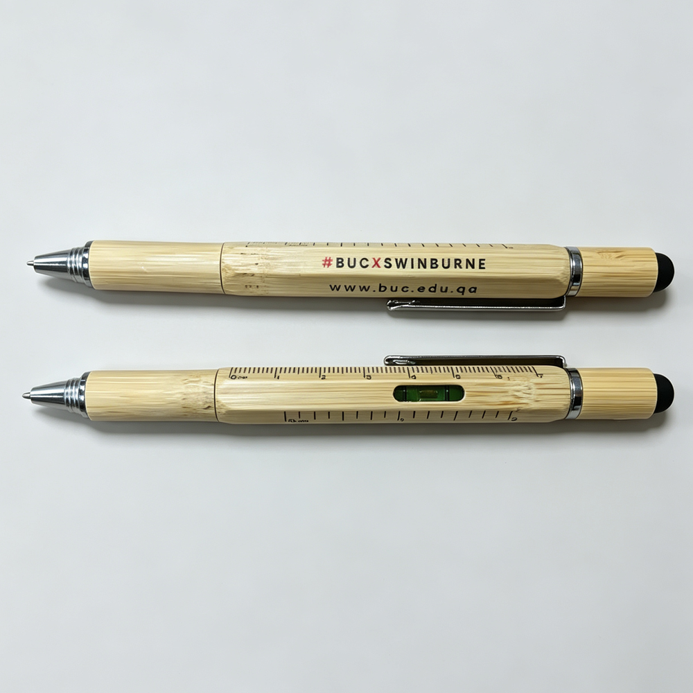 Custom Logo Bamboo Multi-Tool Pen with Spirit Level, Ruler & Screwdriver
