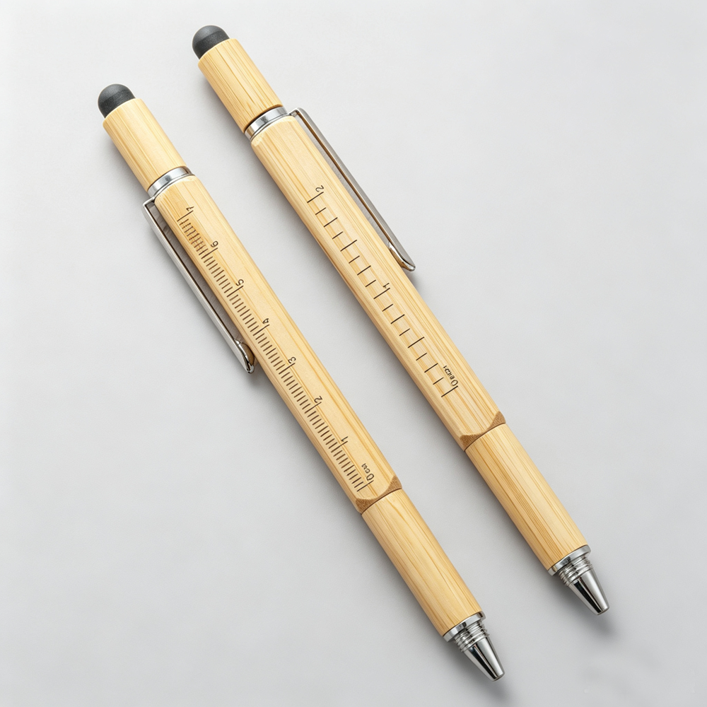 Custom Logo Bamboo Multi-Tool Pen with Spirit Level, Ruler & Screwdriver